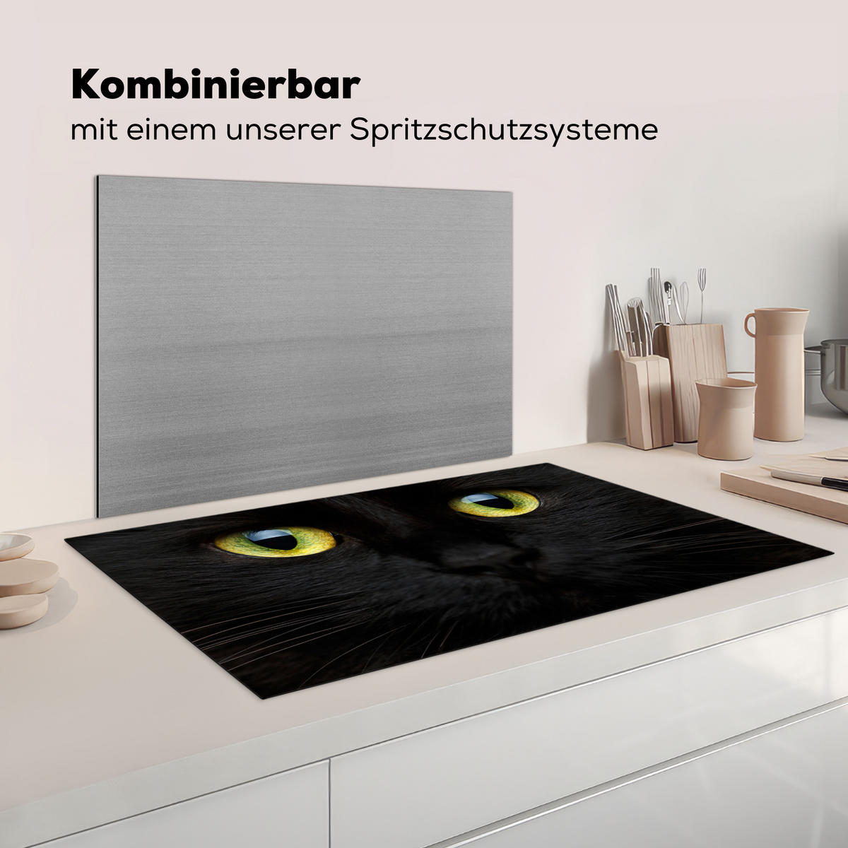 HERDABDECKPLATTE Katze - Augen - Gelb - Schwarz Ceranfeldabdeckung 90x52 cm - Schwarz, Kunststoff (90/52/0.2cm) - MuchoWow