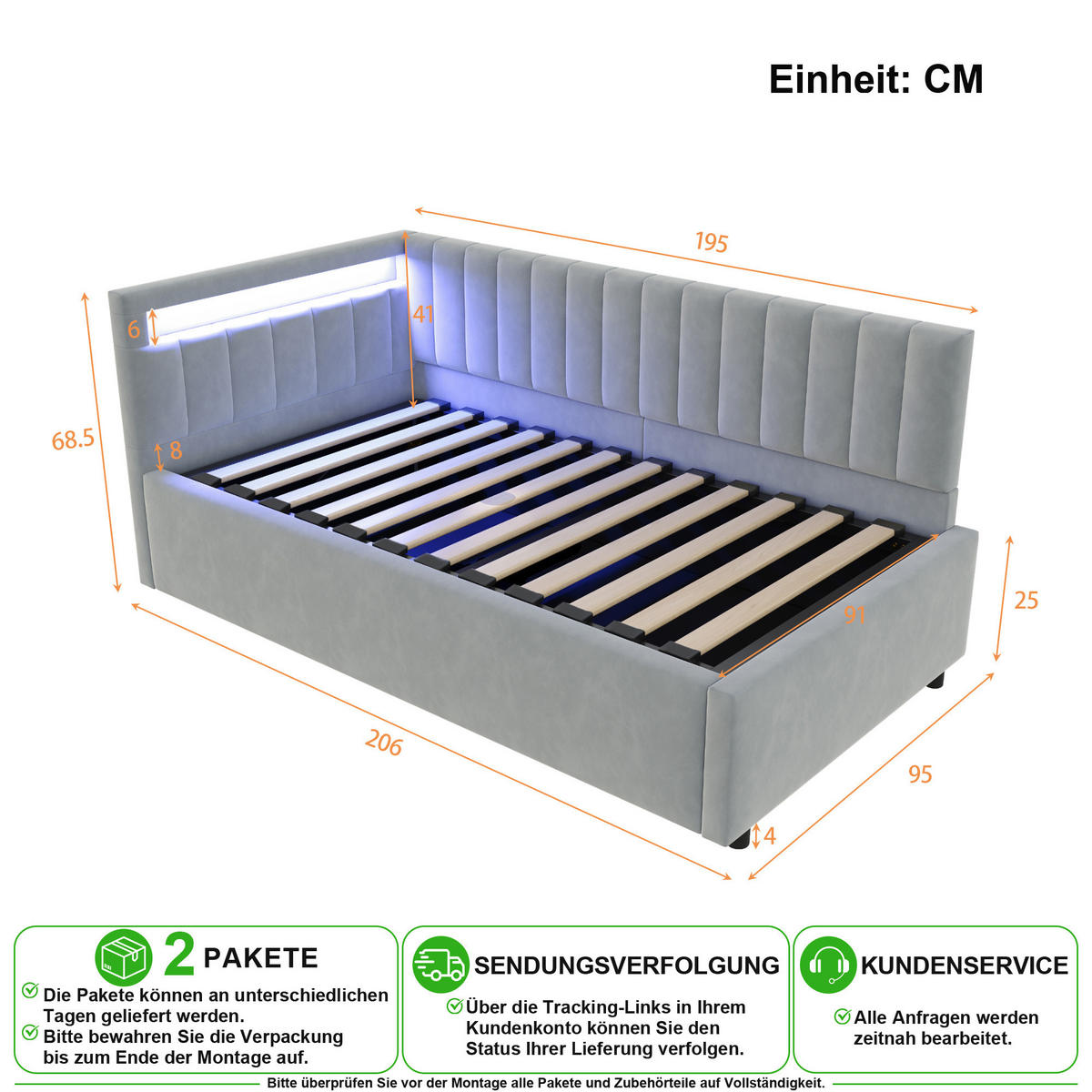 SCHLAFSOFA 90/200 cm in Grau mit Bettkasten und LED Samt - Hellgrau, Holzwerkstoff/Textil (90/200cm) - CHICFURN