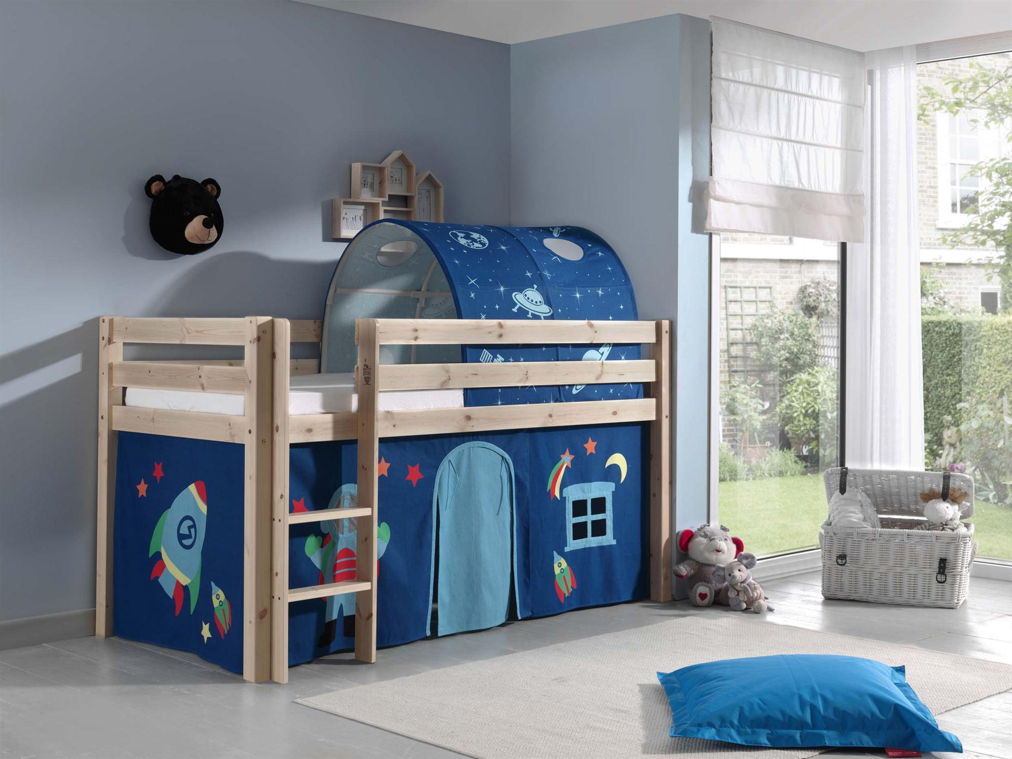 KINDERBETT Karolina 210x114x106 Massivholz Natur Textilset Astro 2 - Blau/Kieferfarben, Holz (90/200cm) - 58aufmkessel