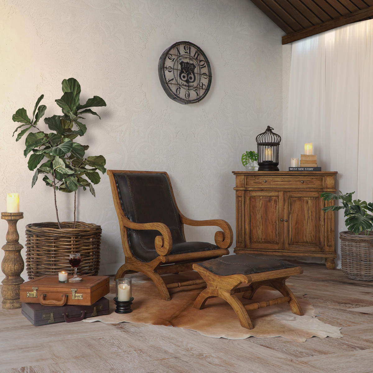 LEDERSESSEL Mara Hocker Mahagoni Braun 93x93x60cm - Braun, Holz (93/93/60cm) - DELUKE