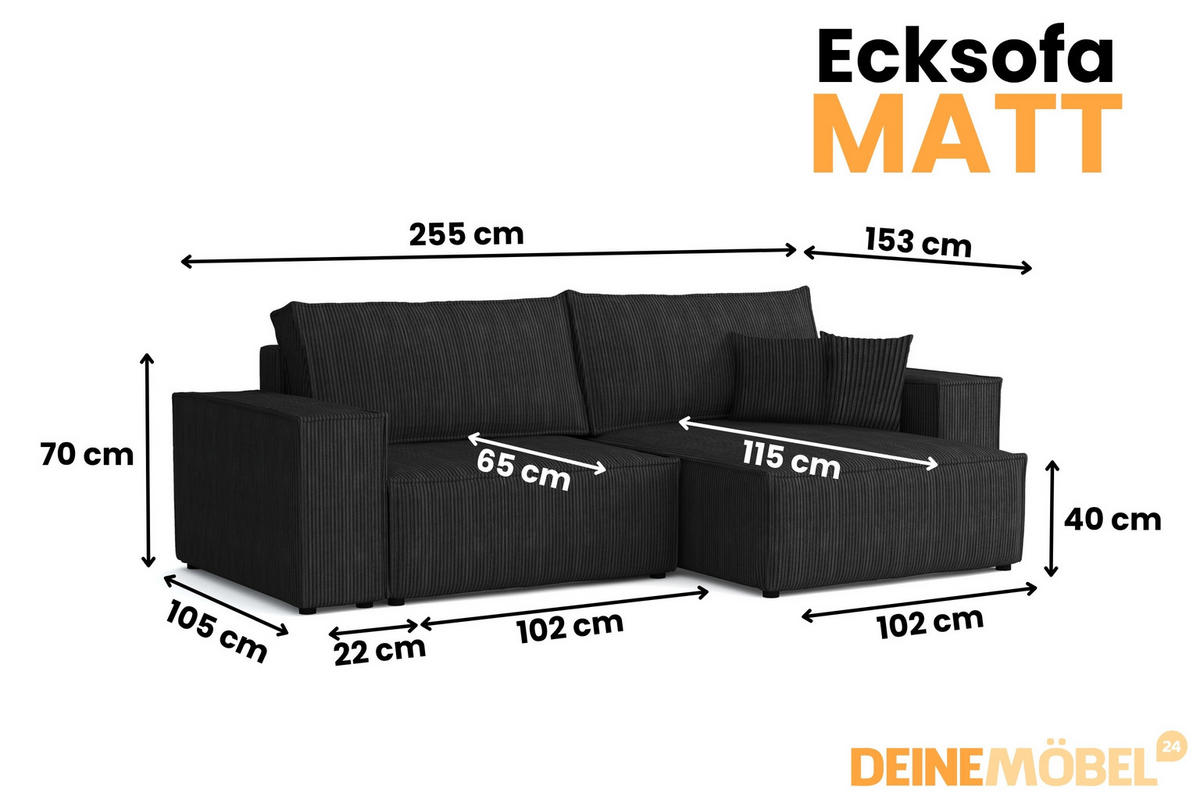 ECKSOFA MATT 255/153 cm links in Cord Schwarz - Schwarz, Holz/Holzwerkstoff (255/153cm) - Deine Möbel 24