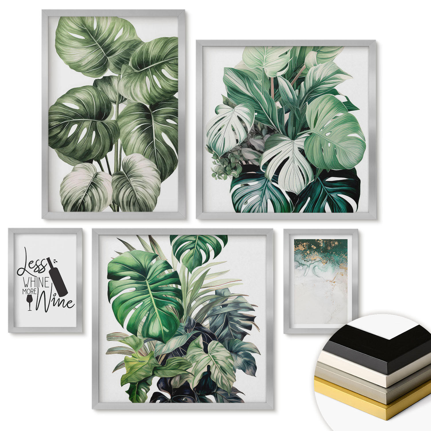 WANDBILDER 5er Set - 50x50 cm & 20x30 cm & 40x60 cm Silberner Rahmen - Grüne Weinblätter - Silberfarben, Kunststoff (40/60cm) - ArtPrintCave