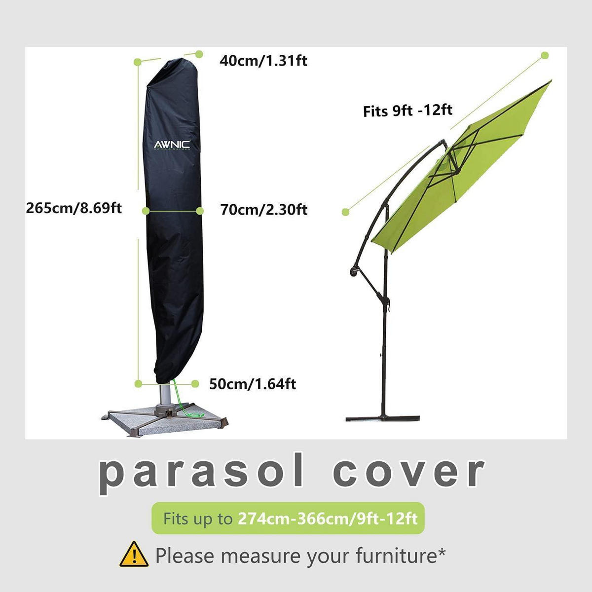 SONNENSCHIRM Schutzhülle Ampelschirm Abdeckung 265 cm Polyester Wasserdicht - Schwarz, Textil (265/70/40cm)