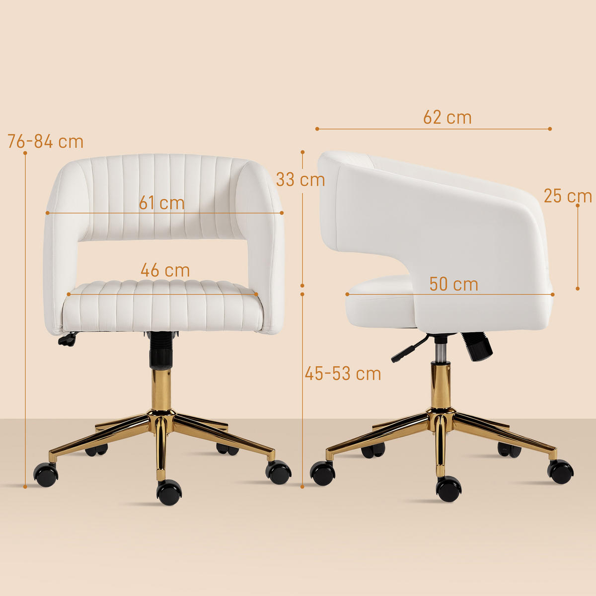 SCHREIBTISCHSTUHL höhenverstellbar Homeoffice Stuhl mit Samtoptik Cremeweiß - Goldfarben/Creme, Textil/Metall (61/84/62cm) - HOMCOM