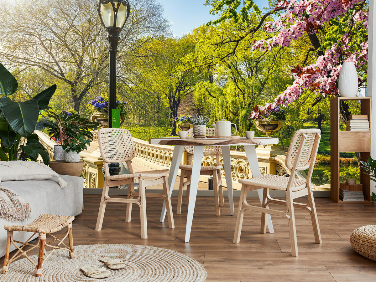 FOTOTAPETE für Wohnzimmer Historische Brücke Park Bäume Blumen 500x350 - Gelb/Beige, Papier (500/350cm) - Muralo