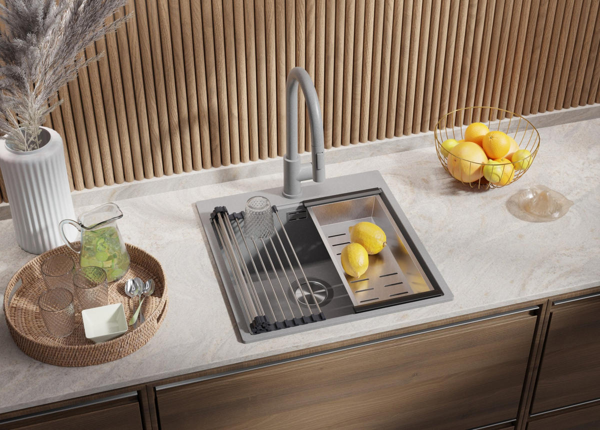 GRANITSPÜLE Oslo, 2-er set Grau 48/50 cm 1 Becken + Küchenarmatur 40/20 cm + Ablauf-Set + Schneidebrett ab 50er Unterschrank - Beige/Grau, Kunststoff (48/20/50cm) - Primagran