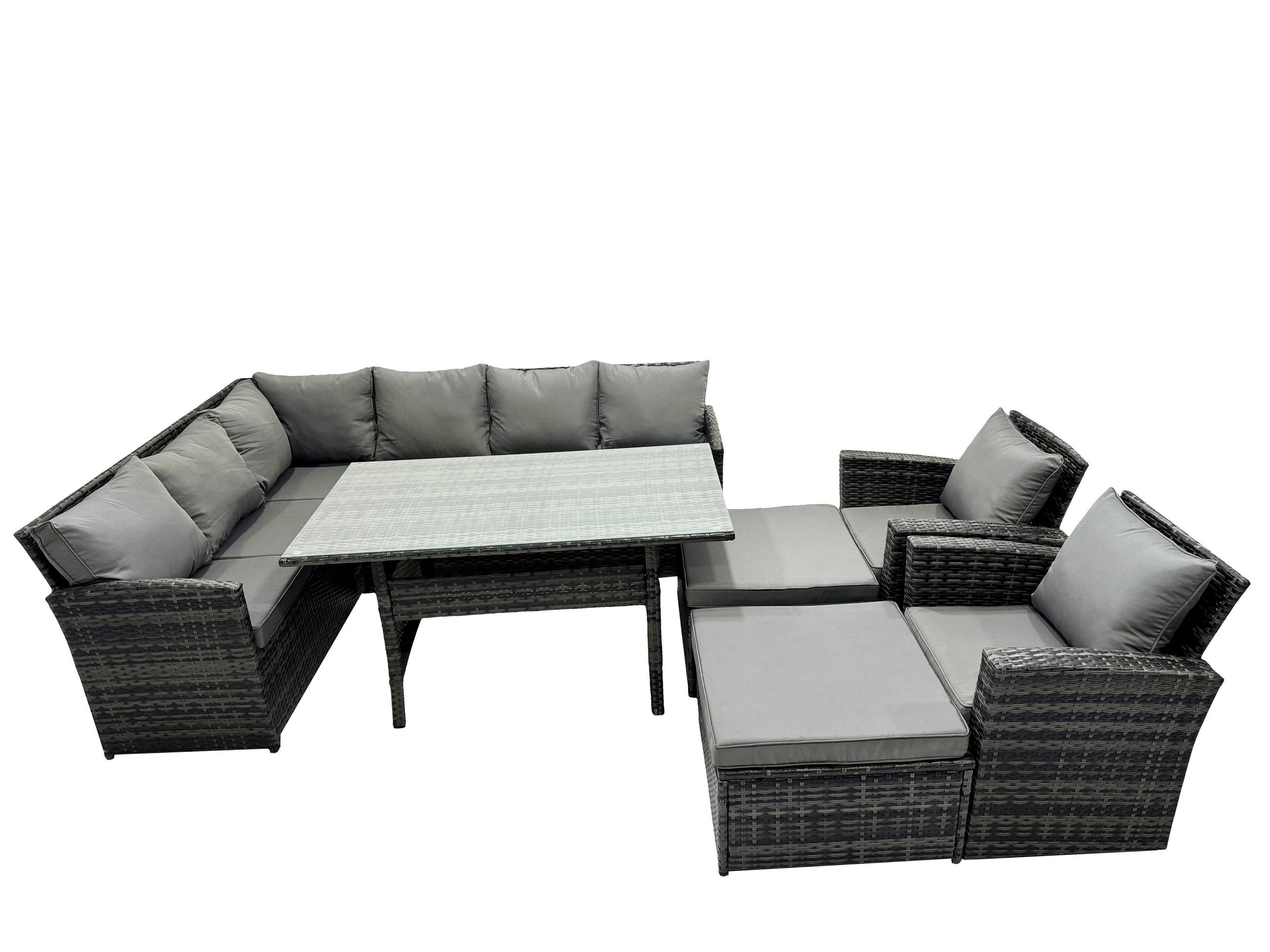 SITZGRUPPE mit Esstisch,2 Fußhocker,2 Stuhl Polyrattan Dunkelgrau 10-Sitzer - Dunkelgrau/Grau, Glas/Kunststoff - Fimous