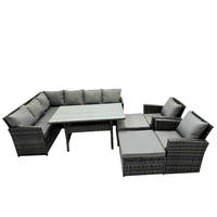 SITZGRUPPE mit Esstisch,2 Fußhocker,2 Stuhl Polyrattan Dunkelgrau 10-Sitzer - Dunkelgrau/Grau, Glas/Kunststoff - Fimous