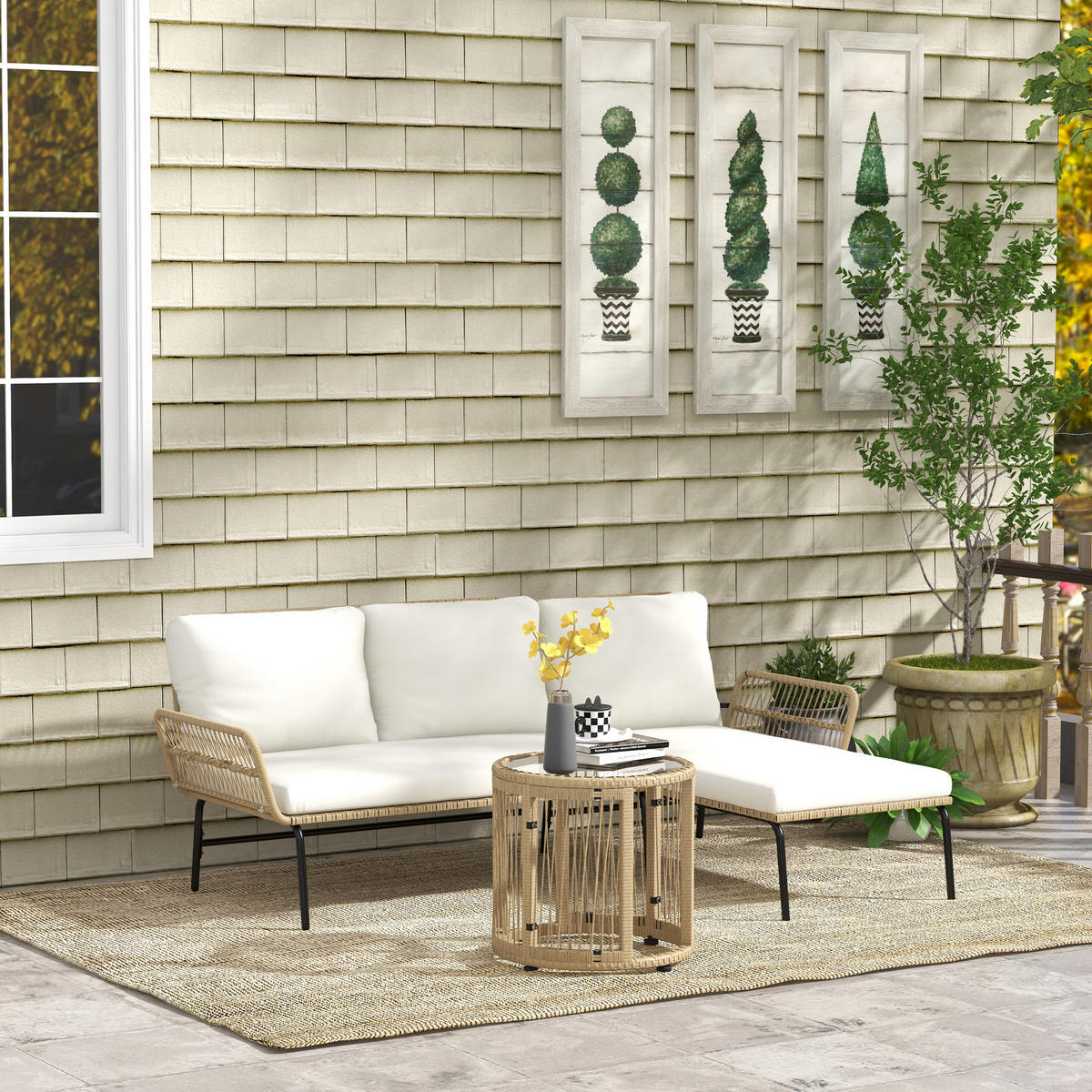 GARTENSET mit Sitzkissen, Balkonmöbel-Set für Garten, Terrasse, Creme - Naturfarben, Kunststoff - Outsunny