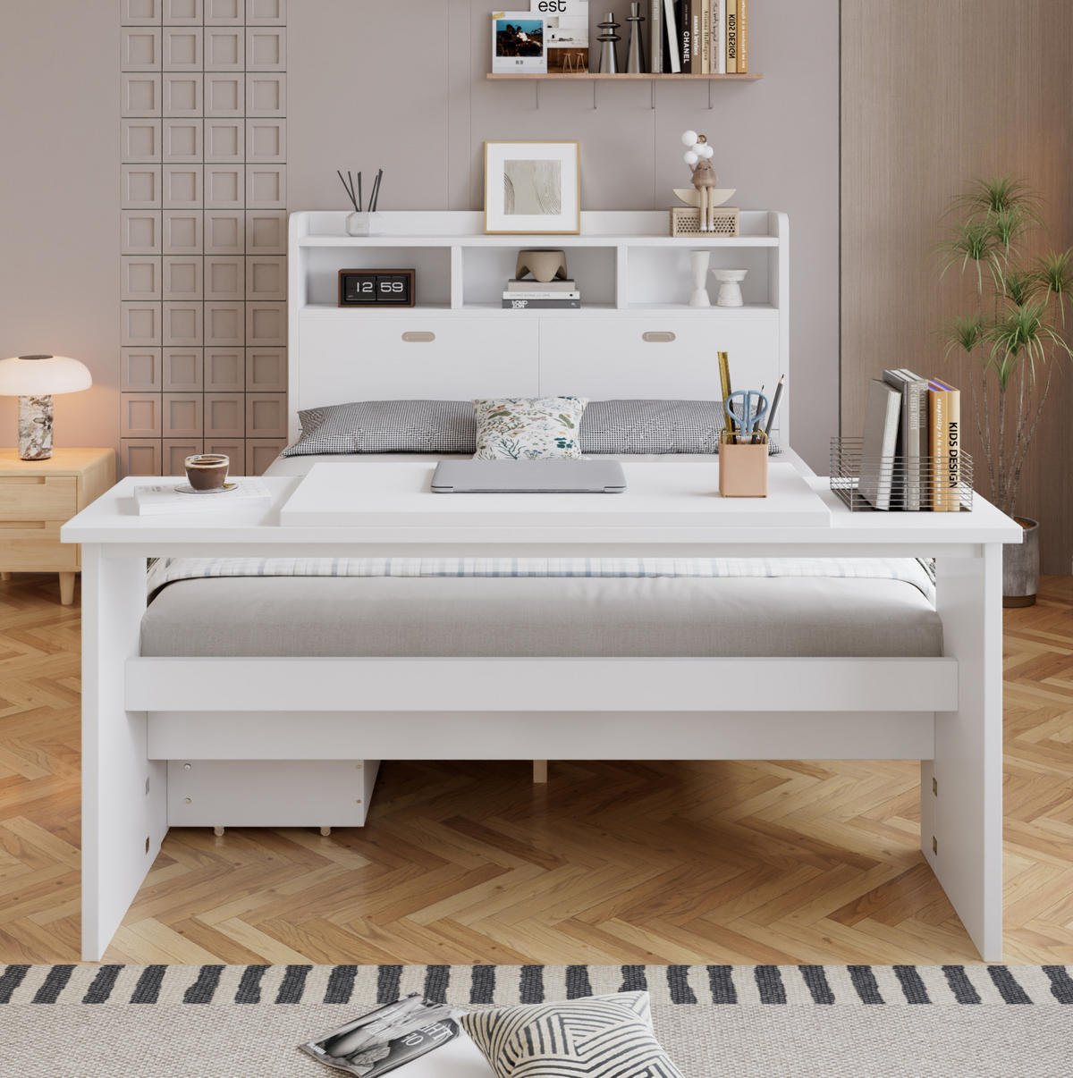 JUGENDBETT 140x200 cm in Weiß mit Stauraum, Klapptisch und flexibel montierbarer Schublade - Weiß, Holz (140/200cm) - IVMEU