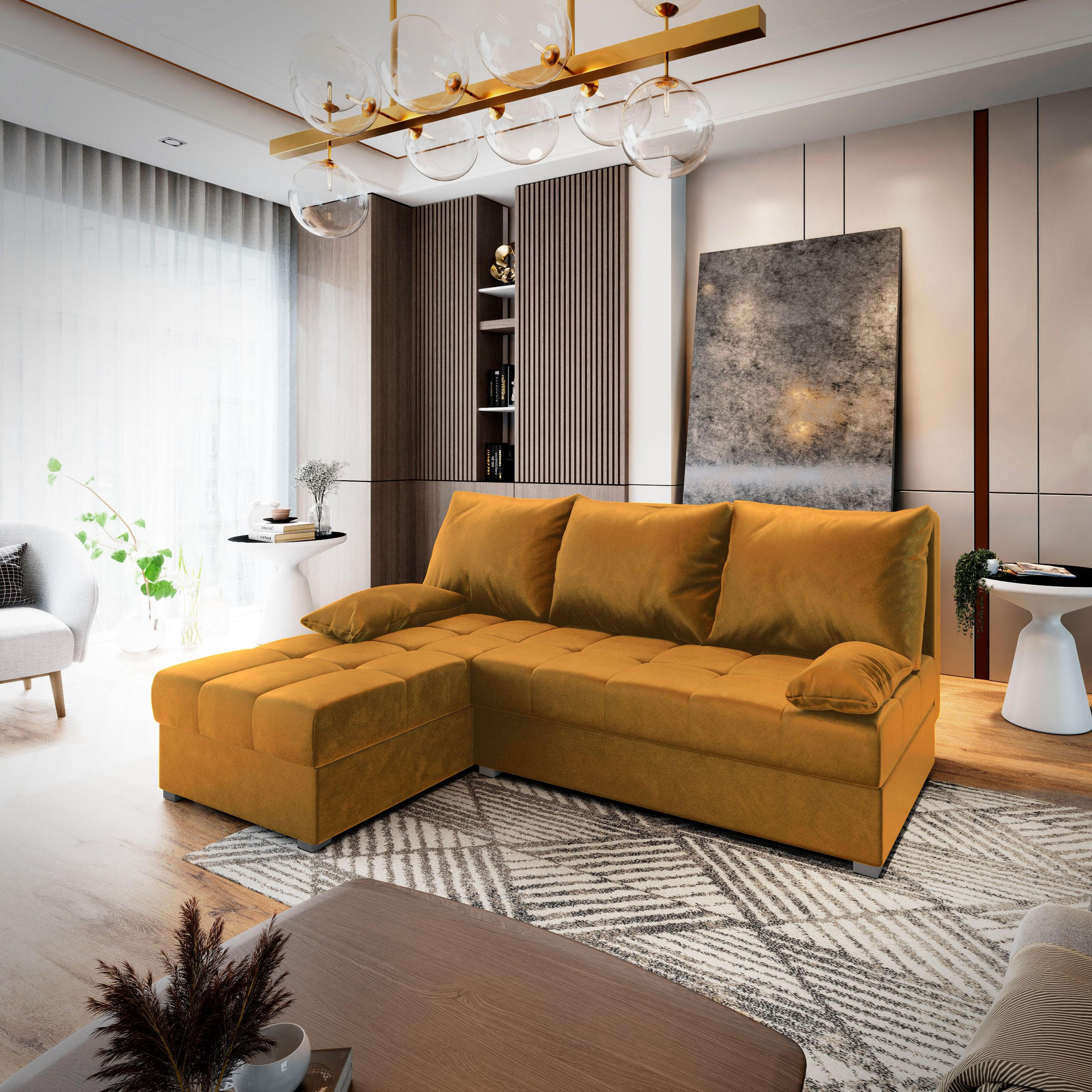 ECKSOFA RITA Orange Plüsch-Stoff mit Schlaffunktion - Orange, Holz (200/141cm) - MASSENO