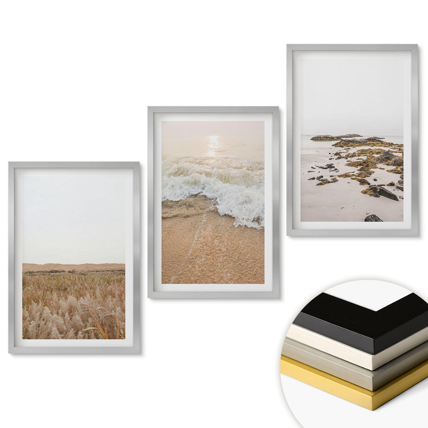 WANDBILDER 3er Set - 40x60 cm Silberner Rahmen - Strandwellen, Steine, Sommer - Silberfarben, Kunststoff (40/60cm) - ArtPrintCave