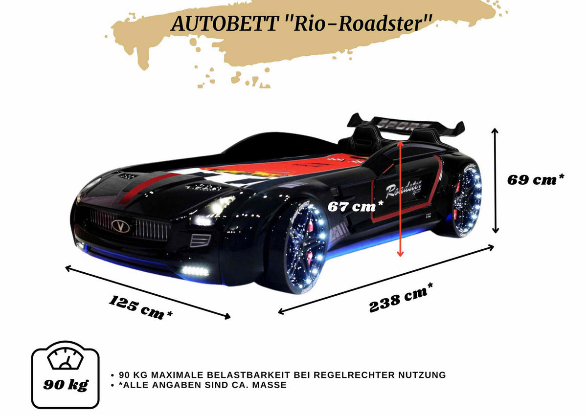 AUTOBETT Roadster Schwarz Kinderbett LED Sound Sportsitze Lattenrost Spoiler - Schwarz, Holzwerkstoff/Kunststoff (90/190cm) - Aileenstore