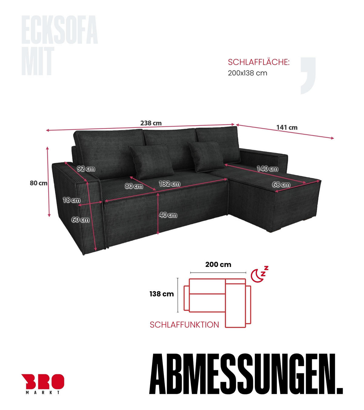 ECKSOFA Dexter mit Schlaffunktion Schwarz Cord - Schwarz, Textil (238/141cm) - Bromarkt