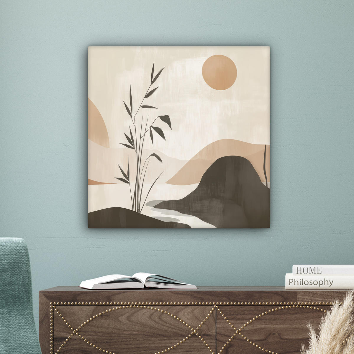 LEINWANDBILD Japandi - Landschaft - Beige Wandbild Wohnzimmer 50x50 cm - Cognac, Textil (50/50cm) - MuchoWow