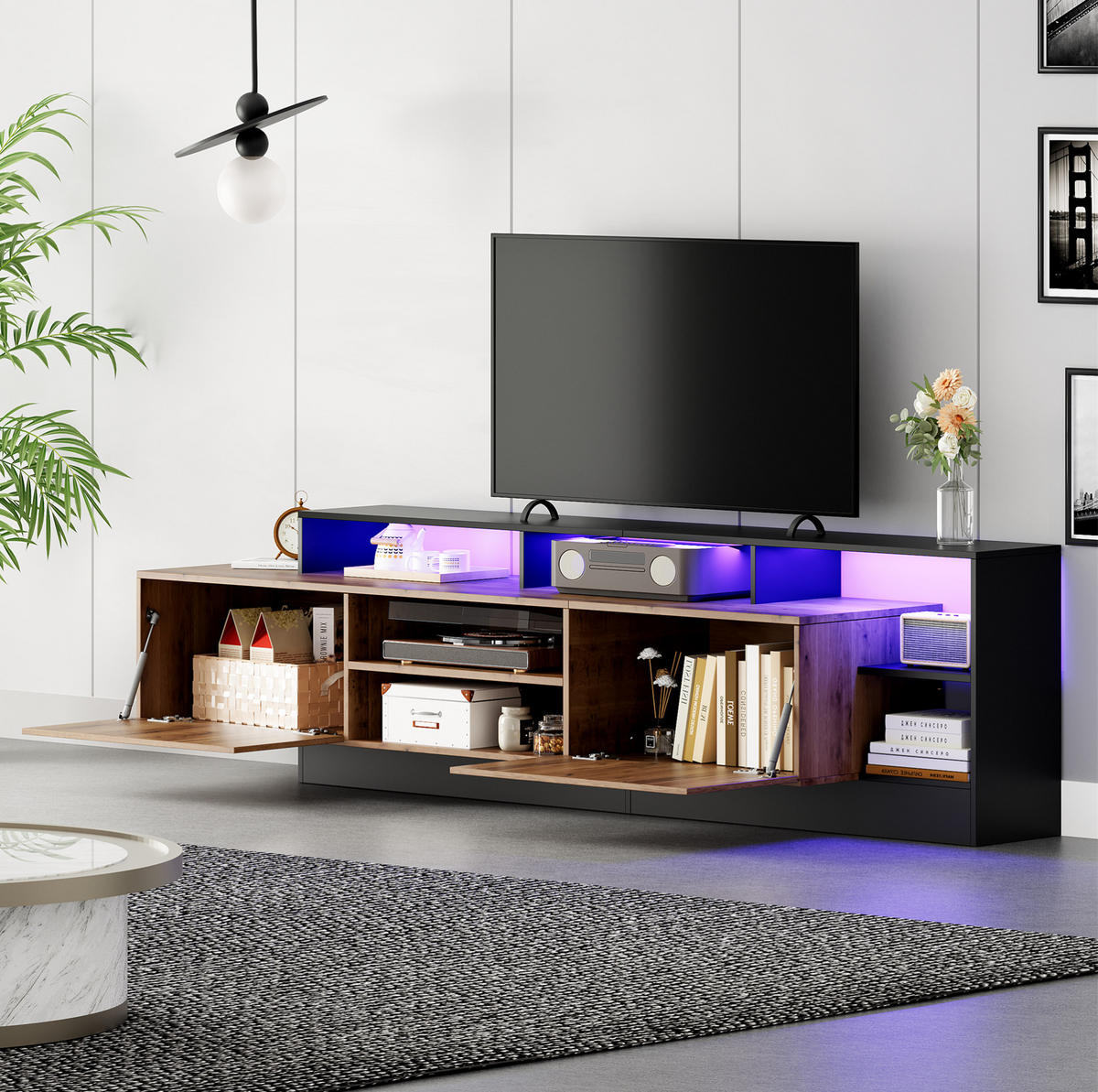 TV-SCHRANK aus Spanplatte 190x40x48,5 cm Eichefarben/Schwarz mit LED-Beleuchtung, viel Stauraum und Klapptüren - Schwarz, Holzwerkstoff (190/48.5/40cm) - Modfu