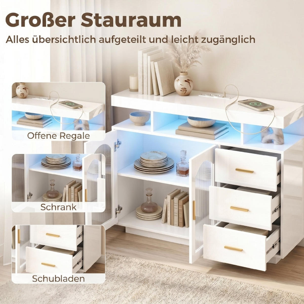SIDEBOARD DE-38799 150 cm LED-Beleuchtung und 3 Schubladen Hochglanz Weiß/Gold - Weiß, Holzwerkstoff (100/80/35cm) - ComfortXL