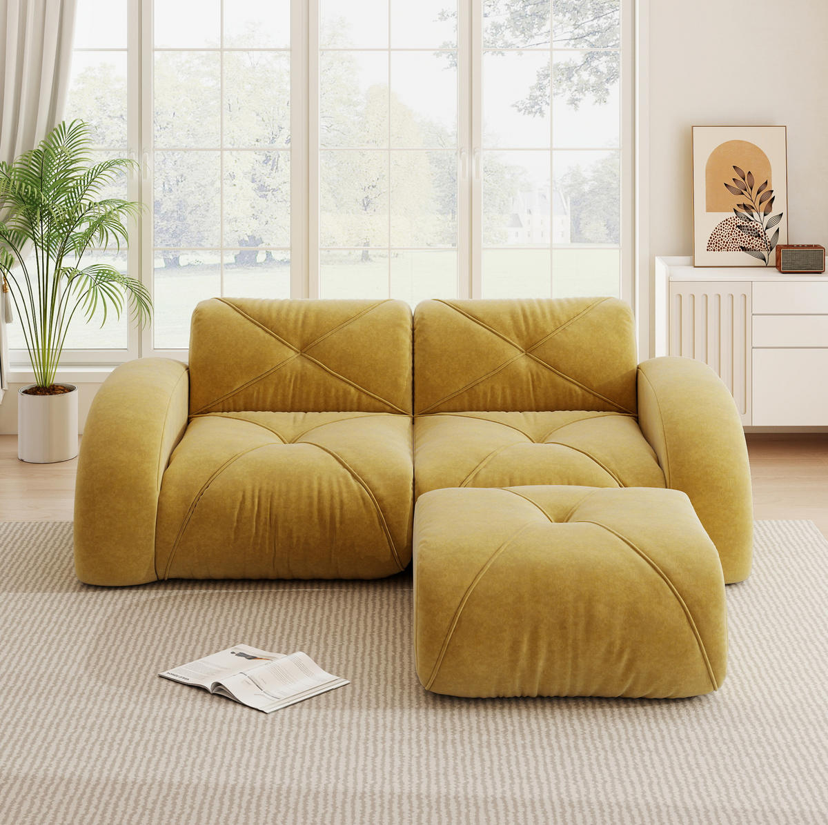 2-SITZER-SOFA aus Chenille Gelb mit Hocker, 2-Sitzer, rahmenlos und haustierfreundlich - Gelb, Textil (204/76/171cm) - Modfu