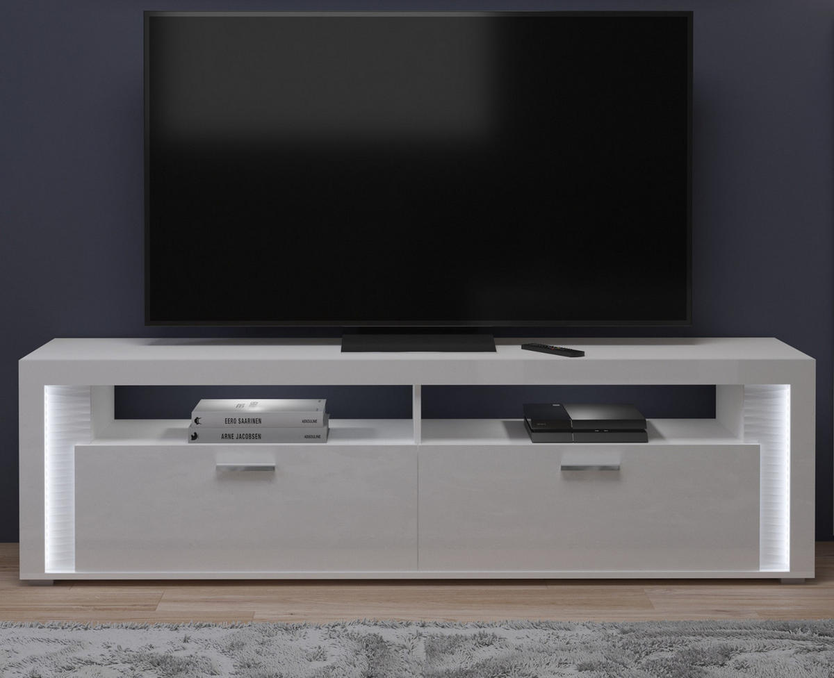TV-LOWBOARD weiß Hochglanz, Flat-TV Board 200 cm, inkl. Beleuchtung - Weiß Hochglanz/Silberfarben, Holzwerkstoff/Kunststoff (204/58/46cm) - Inn.Furn