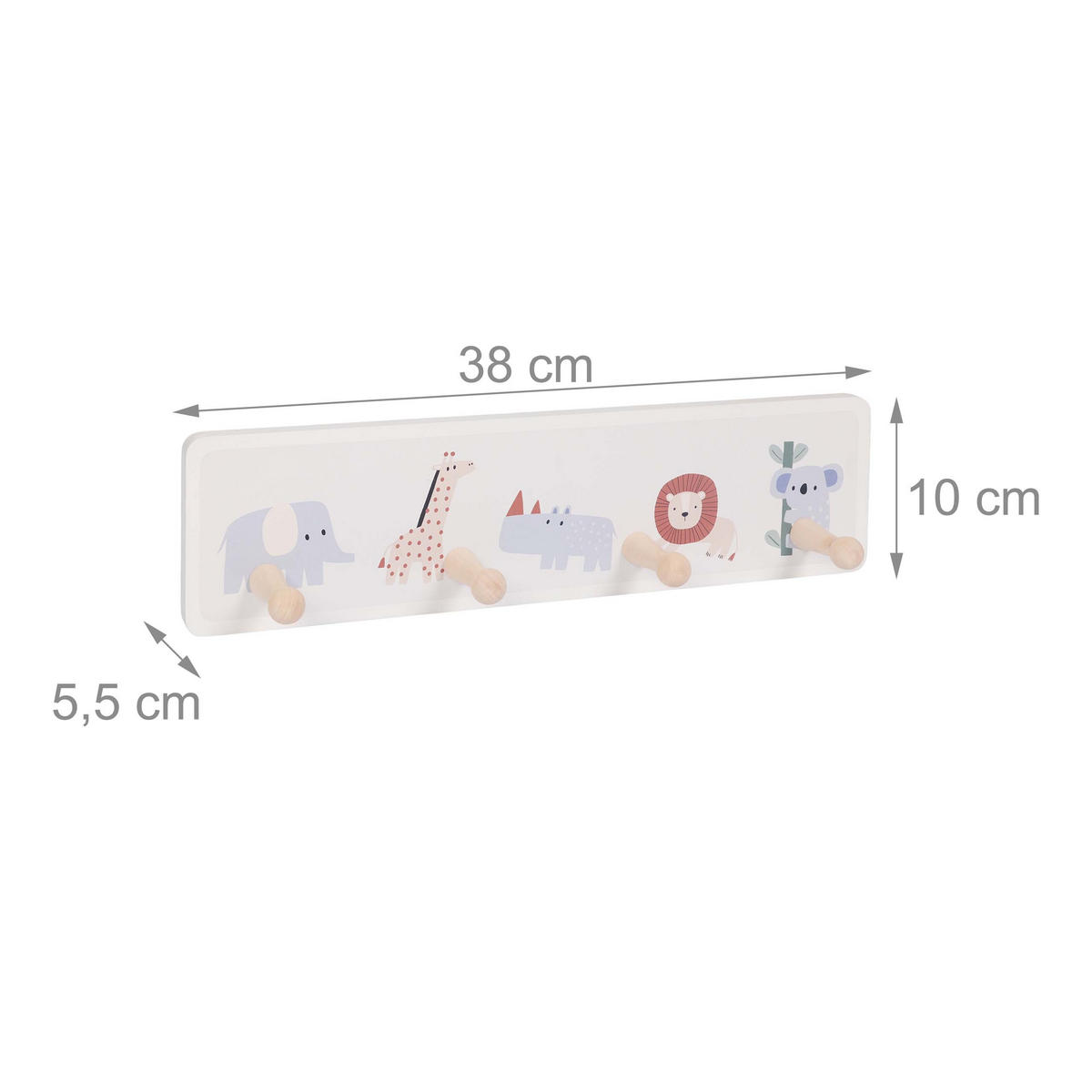 VĚŠÁK Vícebarevný dětský 4-háčky 10x38 cm - šedá/různobarevná, dřevo/kompozitní dřevo (38/10/5.5cm) - Relaxdays