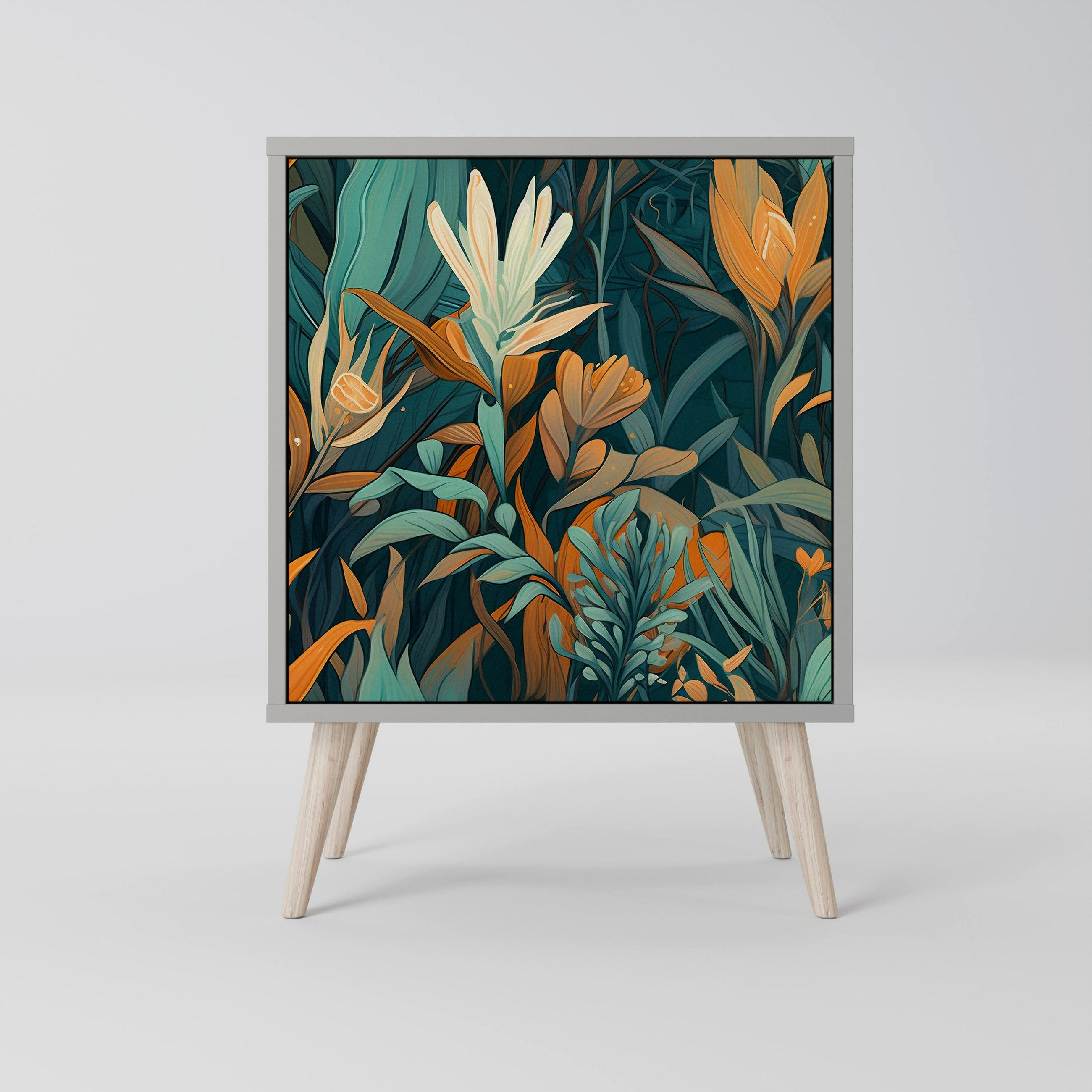 SIDEBOARD FLORAL SERENITY, Grau, 57,5x42x77,5 cm, Schräge Buchenholzfüße - Buchefarben/Multicolor, Holzwerkstoff/Buchenholz (57.5/77.5/42cm) - SpaceRebels