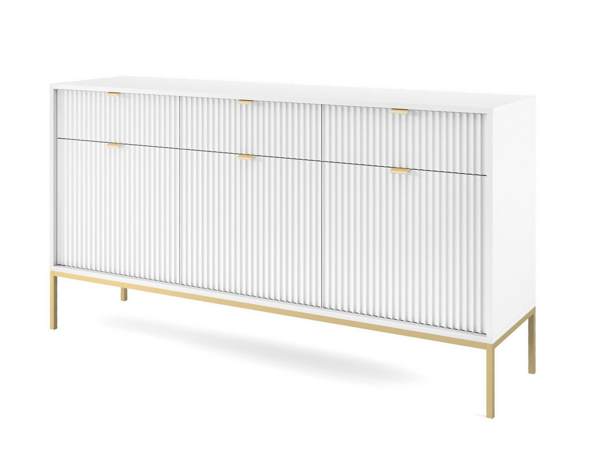 SIDEBOARD Eternas 3T 3S Weiß 154/83/39 cm – goldene Füße, mit geriffelten Fronten - Goldfarben/Weiß, Holzwerkstoff (154/83/39cm) - AX Living