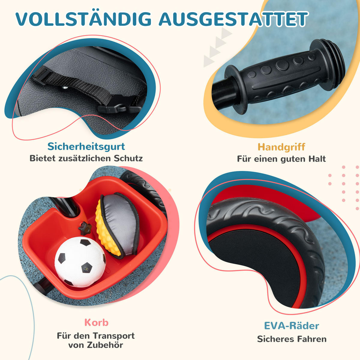 KINDERDREIRAD, Rot＋Schwarz, Stahl+ Kunststoff - Rot, Metall (80/48/63cm) - AIYAPLAY