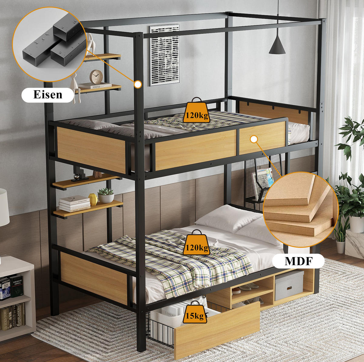 ETAGENBETT aus Eisen und MDF 90x200 cm Schwarz/Natur mit Schubladen und Ablageflächen - Schwarz, Holzwerkstoff (90/200cm) - IVMEU