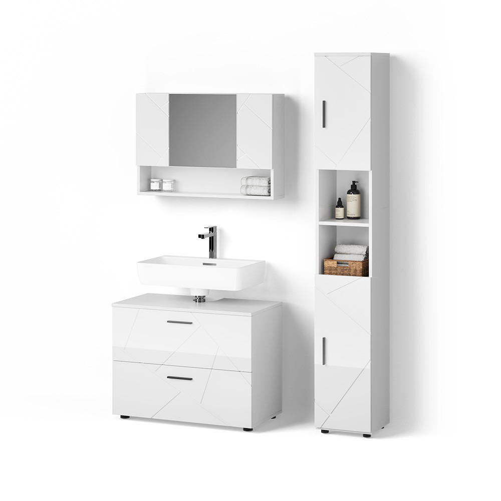 Livinity® SADA NÁBYTKU DO KOUPELNY Ronco, Bílá vysoký lesk, 3dílná