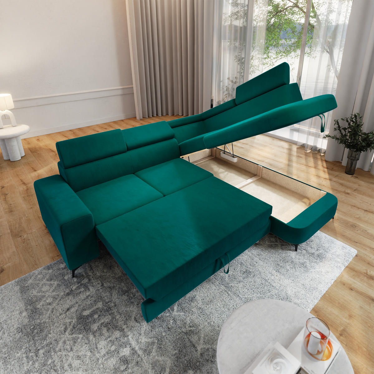 ECKSOFA ALVORO R-S Blau Velours-Stoff mit Schlaffunktion - Smaragdgrün, Holz (253/190cm) - MASSENO