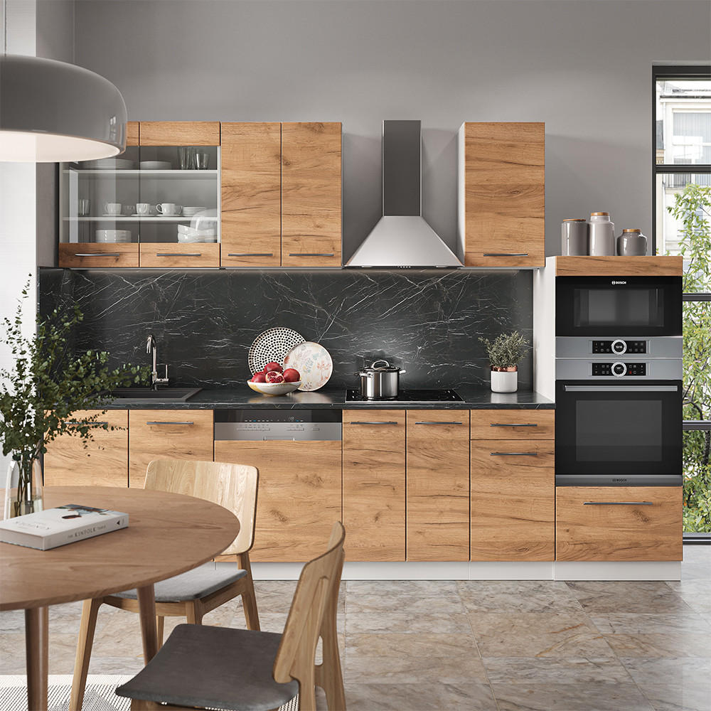 KÜCHENZEILE Fame-Line Goldkraft Eiche/Weiß 300 cm mit Hochschrank AP Anthrazit - Honigeiche/Eiche Wotan, Holzwerkstoff (300/81.6/60cm) - Vicco