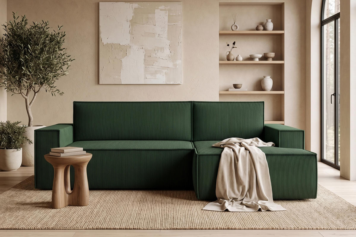 ECKSCHLAFSOFA-RECHTS NAPI in Pet Friendly Cord-Stoff, dunkelgrün - Dunkelgrün/Schwarz, Textil (262/148cm) - KONSIMO®