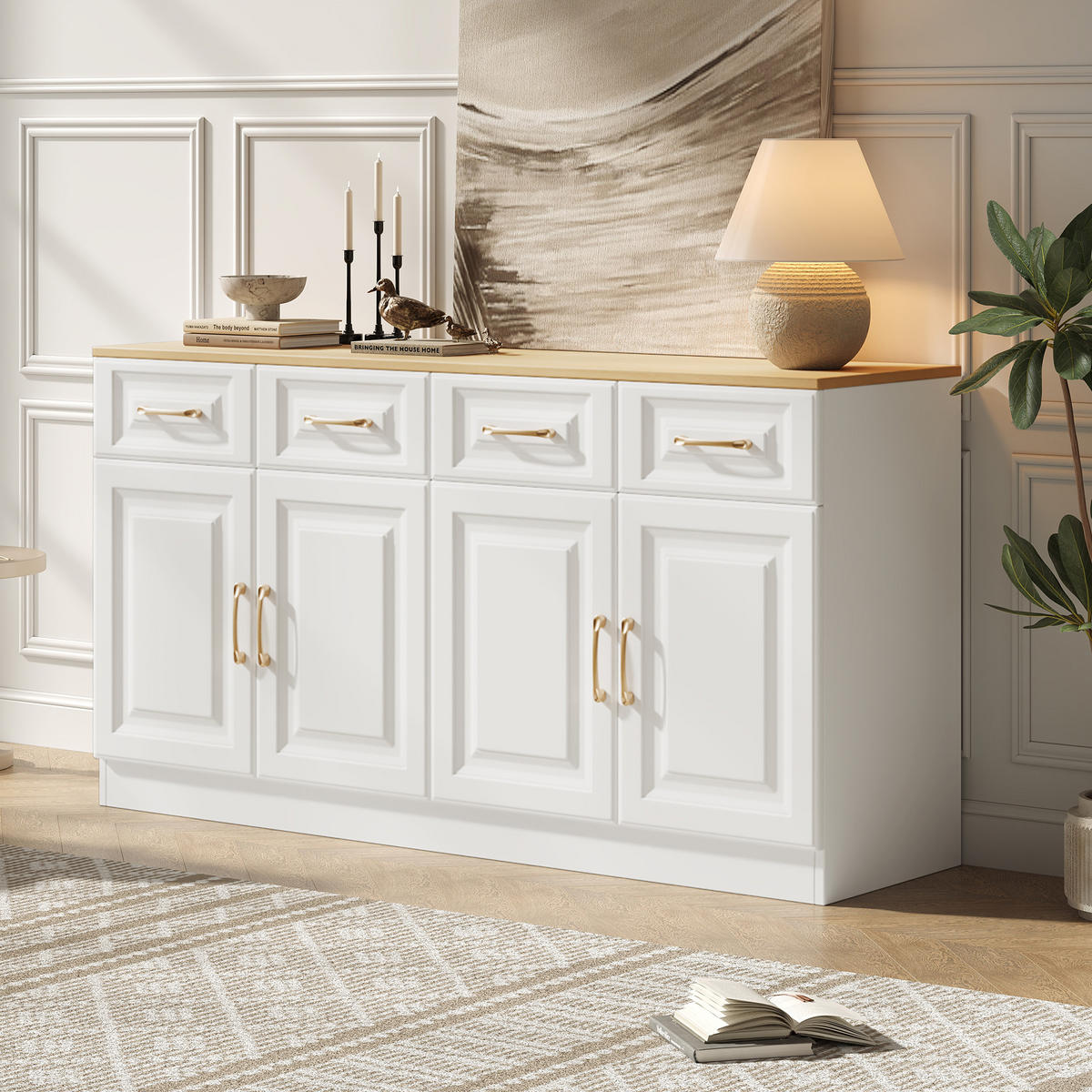 SIDEBOARD 140/40/75 cm mit 4 Türen & 4 Schubladen in Weiß/Eiche - Weiß, Holzwerkstoff (140/75/40cm) - BEAOK