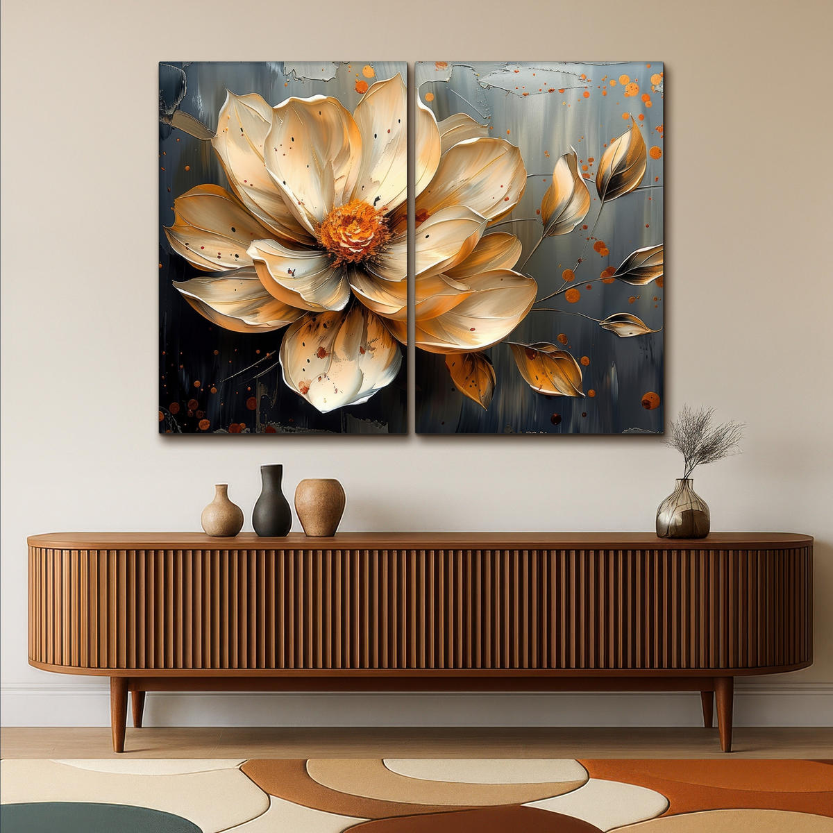 LEINWANDBILD 2er Set Blume - Gold - Abstrakt - Farbe 160x120 cm - Creme, Textil (160/120cm) - MuchoWow