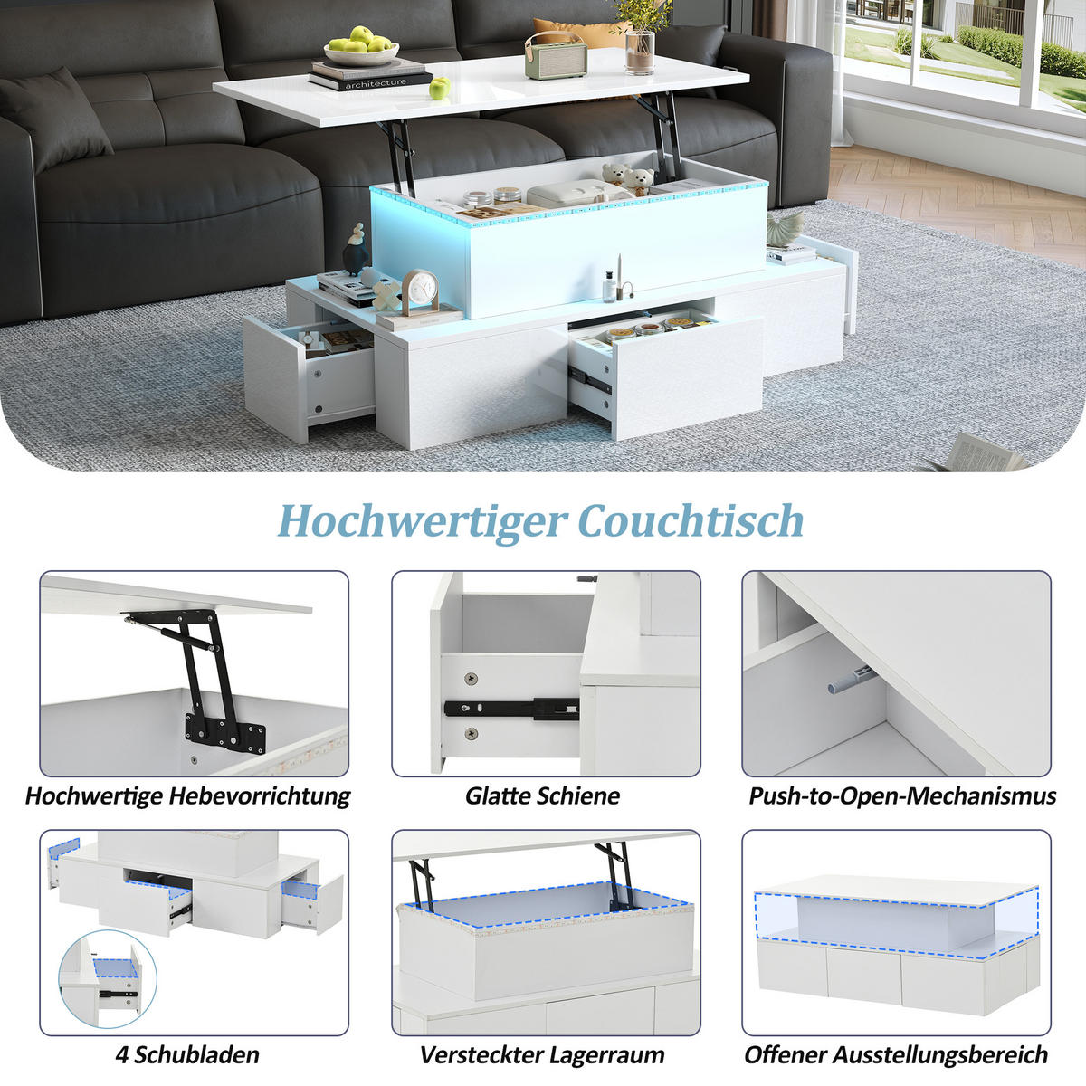 COUCHTISCH 100x50x40 cm Weiß LED Lift 4 Schubladen Stauraum - Weiß, Holzwerkstoff (100/50/40cm)