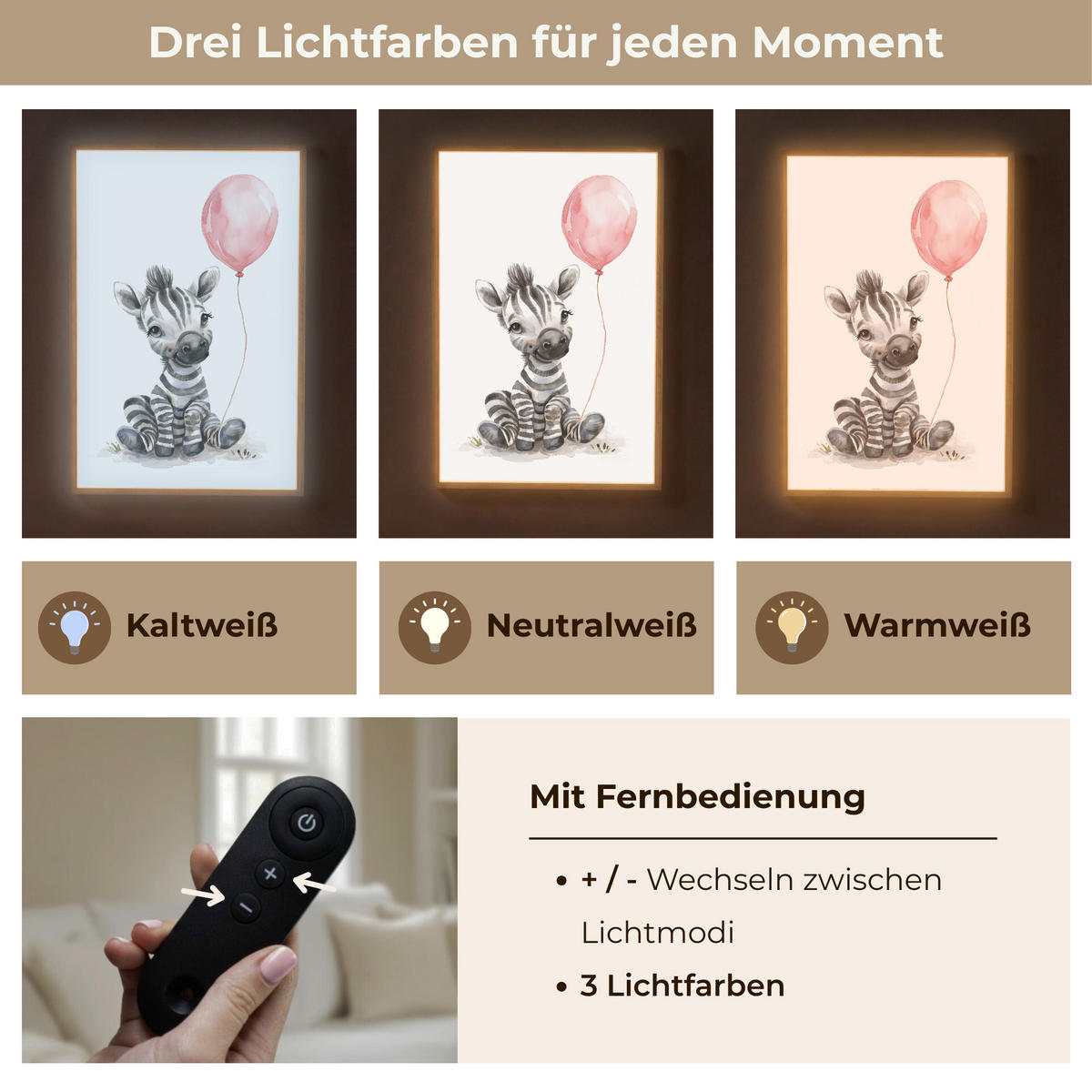 NACHTTISCHLAMPE MIT AKKU Zebra - Baby - Tiere - Rosa Luftballon 70x100 cm - Weiß, Holzwerkstoff (8/70/100cm) - OnlyWow