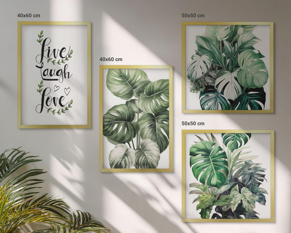 WANDBILDER 4er Set - 50x50 cm & 40x60 cm Goldrahmen - Blattpflanzen leben, lachen, lieben - Goldfarben, Kunststoff (50/50cm) - ArtPrintCave