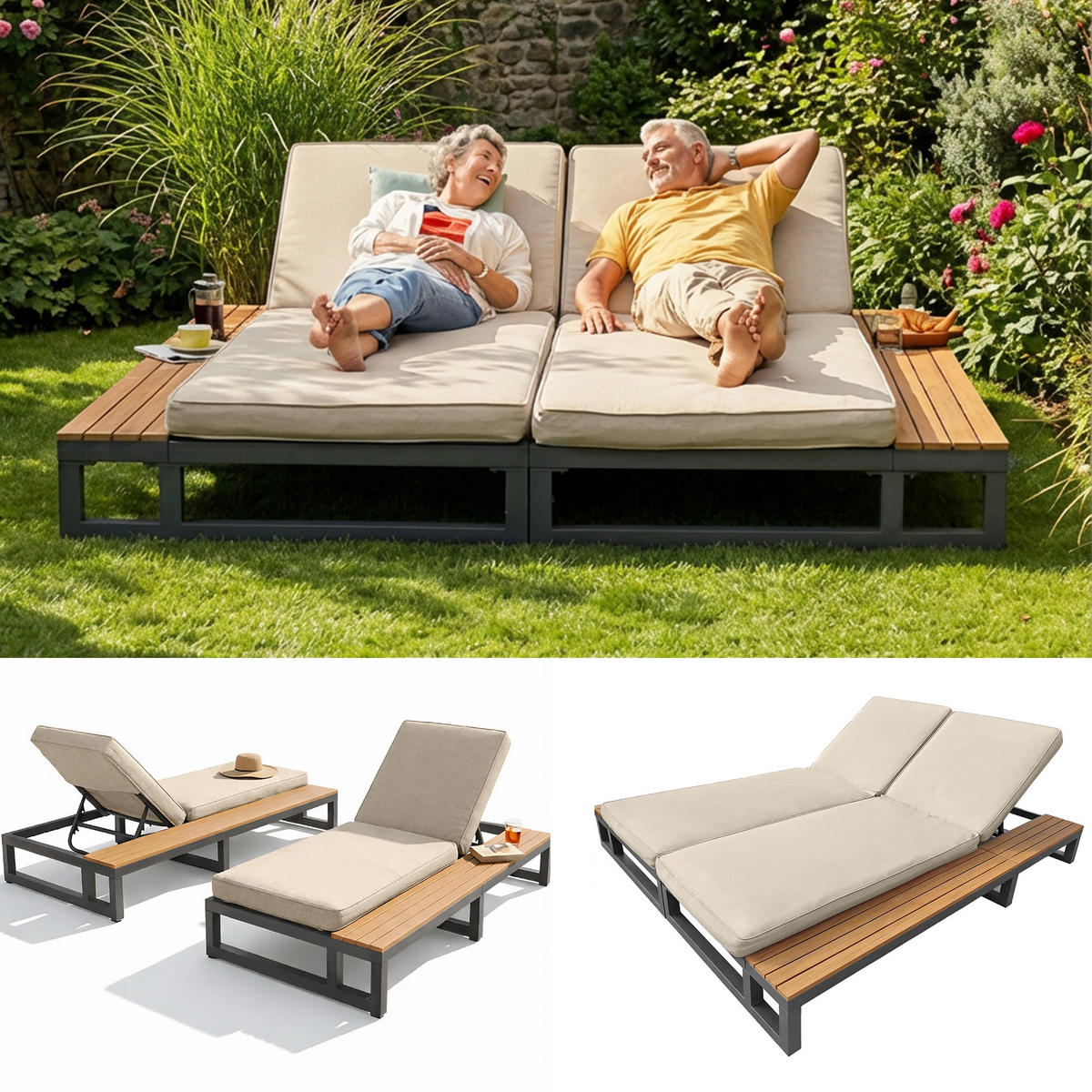 SONNENLIEGE, 2 Personen, Verstellbar, Daybed, Beige - Beige, Metall (159/184cm) - FLIEKS