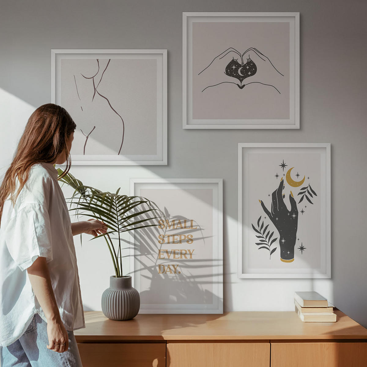 WANDBILDER 4er-Set - 50x50 cm & 40x60 cm Weißer Rahmen - Minimalistische Boho-Illustrationen - Weiß, Kunststoff (50/50cm) - ArtPrintCave