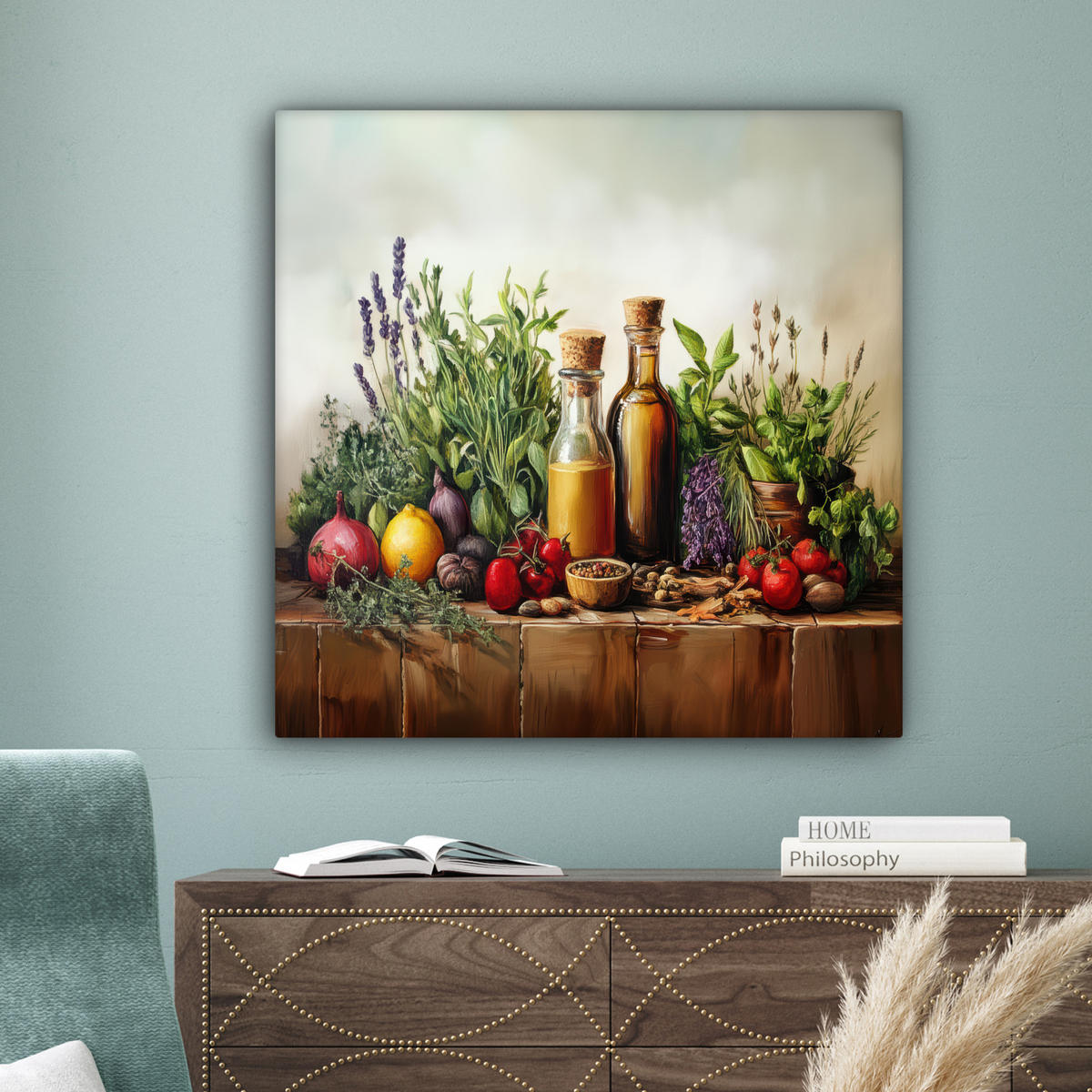 LEINWANDBILD Stilleben - Kräuter - Gewürze - Früchte - Farbenfroh 90x90 cm - Grün, Textil (90/90cm) - MuchoWow
