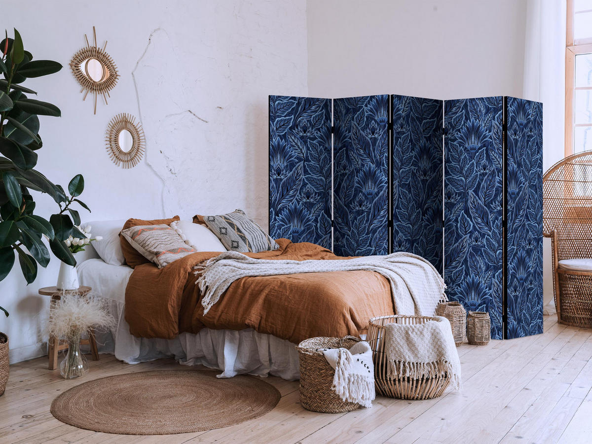 PARAVÁN Akustický 5-dielny 225x172 cm Modré Listy - modrá, drevo/textil (225/172/3cm) - Muralo