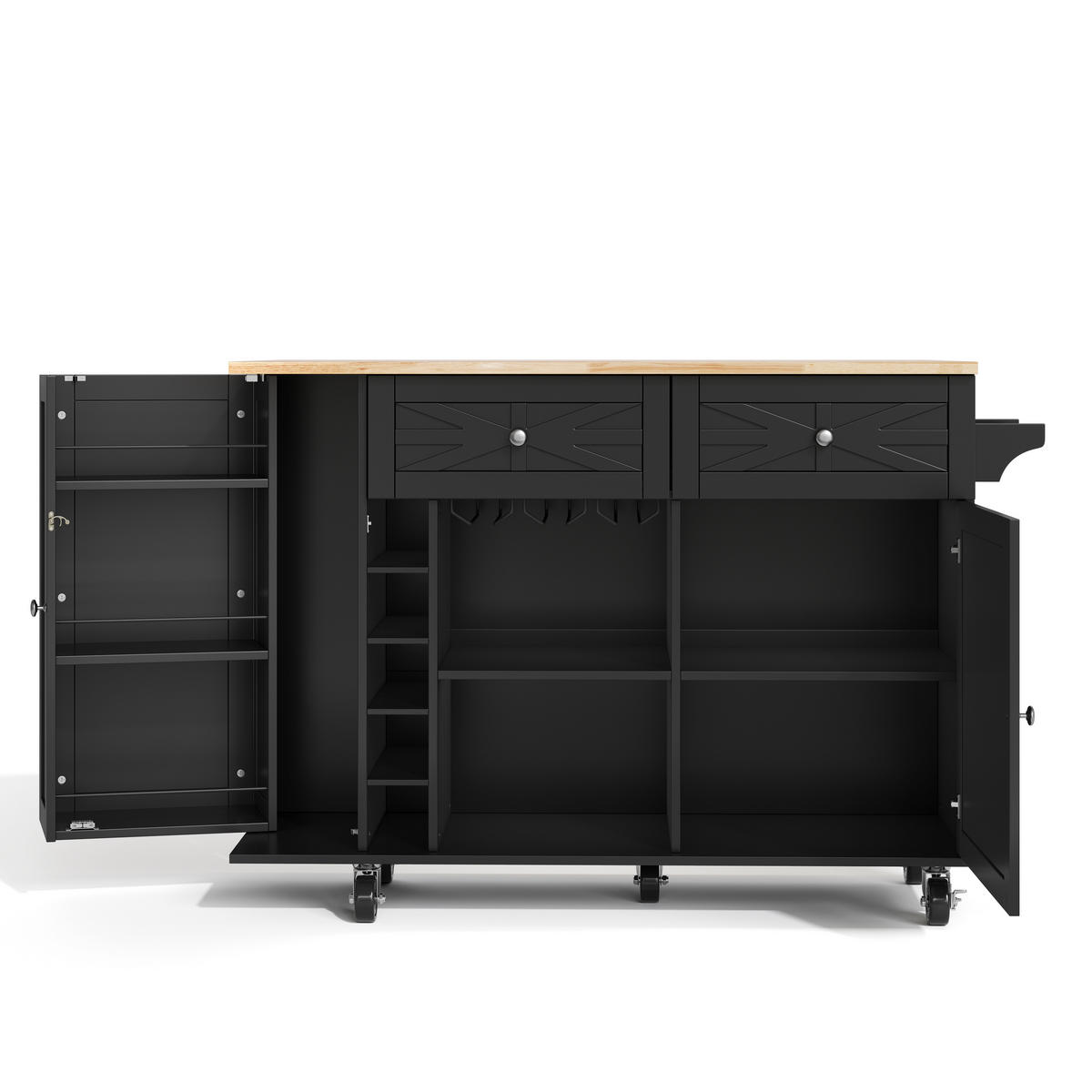 KÜCHENINSEL 120x70x89 cm Schwarz mit klappbarer Arbeitsplatte, Servierwagen, Glashalter und Türregal - Schwarz, Holz/Holzwerkstoff (120/89/70cm) - Oxeza