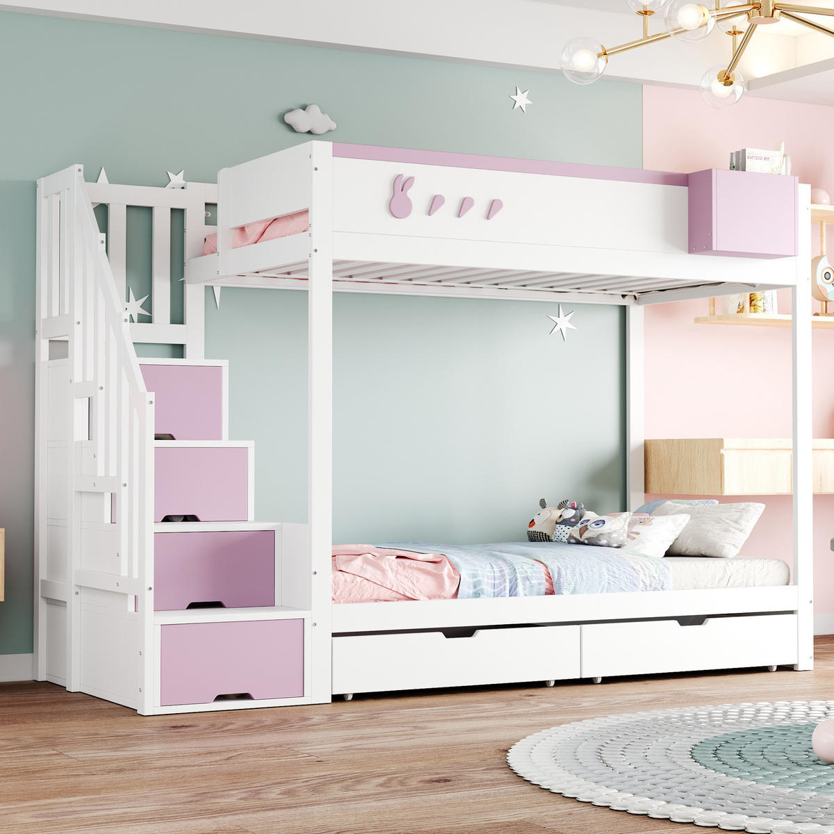 ETAGENBETT 90/200 cm mit Kaninchen und Karottenmotiven und abnehmbarem Ablagefach - Weiß, Holz (90/200cm) - OKWISH