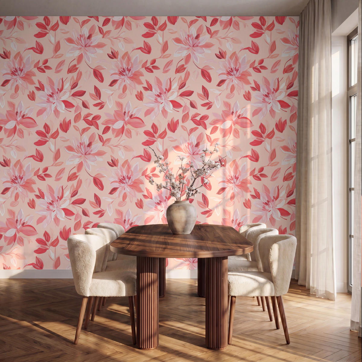 TAPETE - Botanisch - Blumen - Rot - 350x280 cm - Koralle, Papier (350/280cm) - OnlyWow