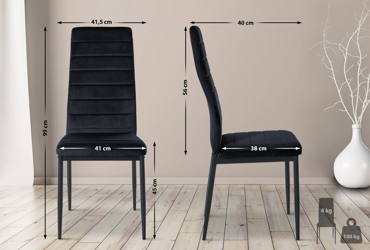 STUHL 6er Set Samt schwarz - Schwarz, Textil/Metall (41.5/99/40cm) - CLP
