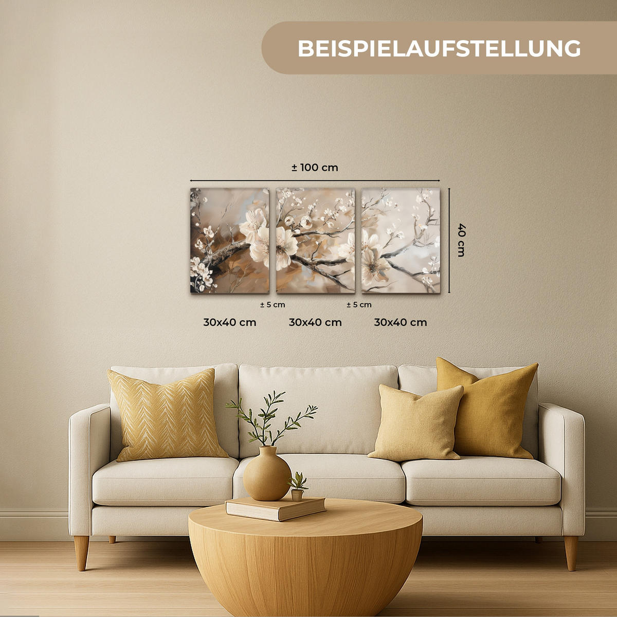 OBRAZ NA PLÁTNĚ 3dílná sada Květina - Béžová - Abstraktní - Květiny 90x40 cm - světle hnědá, textil (90/40cm) - MuchoWow