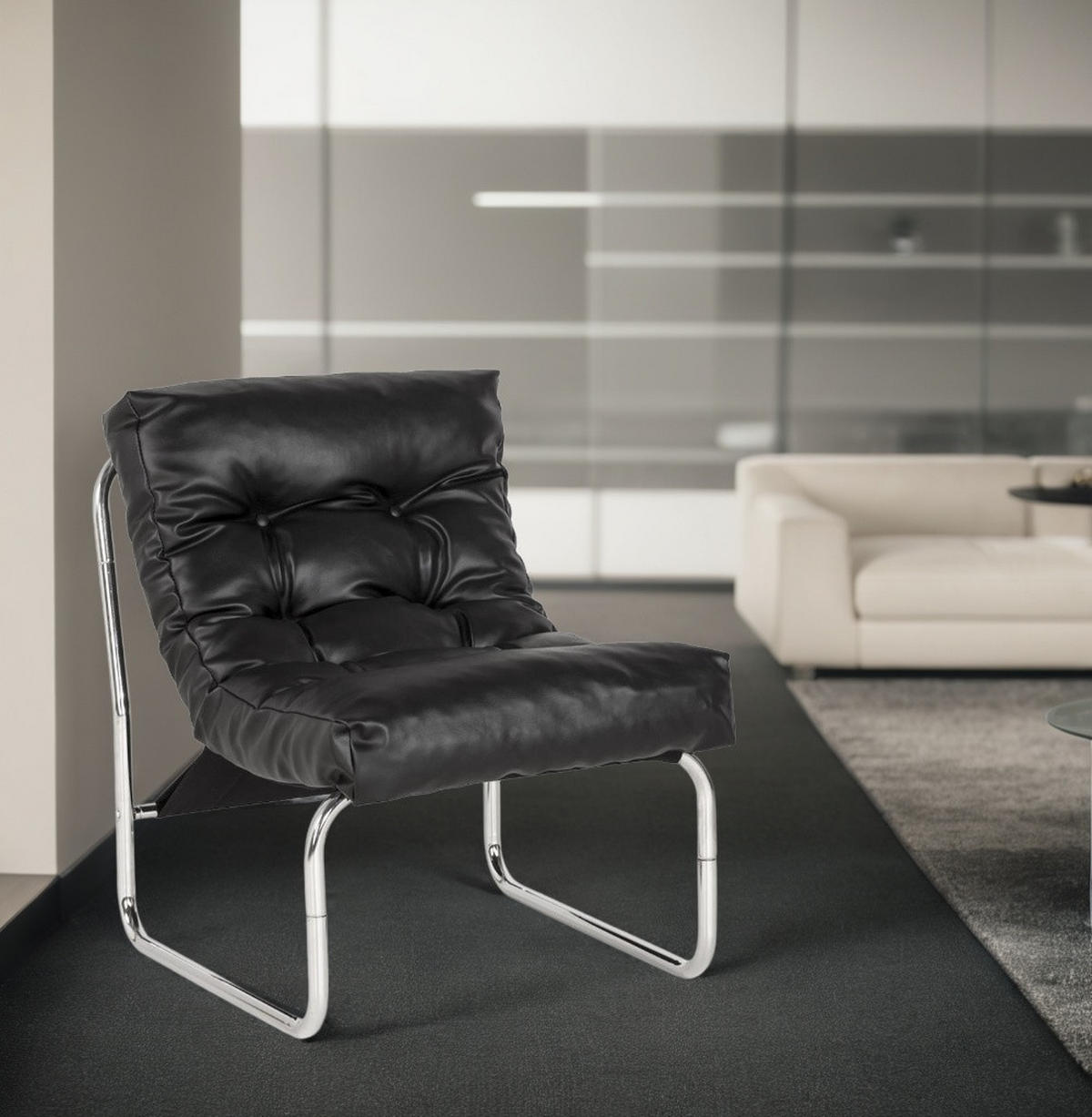 CLUBSESSEL mit Chromkufen im Retro-Stil, modular verbindbar, Schwarz 73x60x76 cm - Silberfarben/Schwarz, Textil/Metall (60/76/71cm) - KADIMA DESIGN