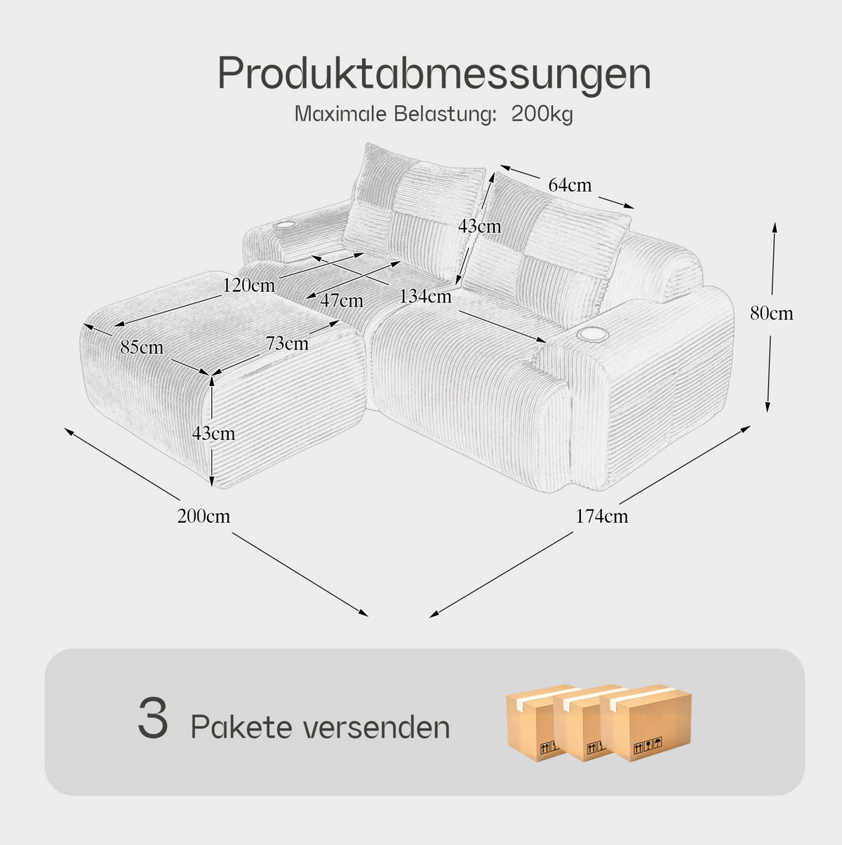 SOFA 200/174/80 cm in Schwarz aus Cord mit Cupholder und Aufbewahrungstasche - Schwarz, Textil (174/80/200cm) - Flora Grace