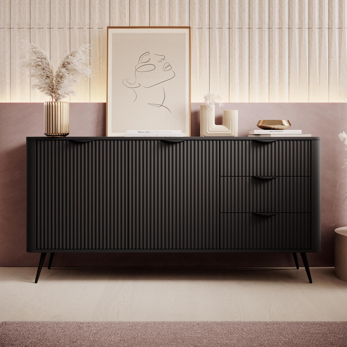 SIDEBOARD Vespasia 2T 3S Schwarz 163,2/81,2/38 cm – Geriffelten Fronten - Schwarz, Holzwerkstoff/Metall (163.2/81.2/38cm) - AX Living