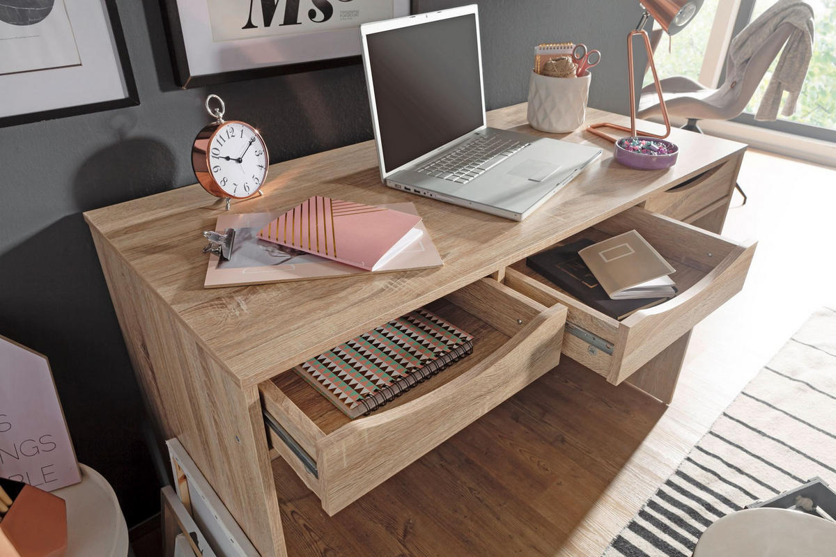 SCHREIBTISCH – Sonoma Eiche, mit Schubladen, praktische Blende, stabil - Beige, Holz (55/120/75cm) - KADIMA DESIGN